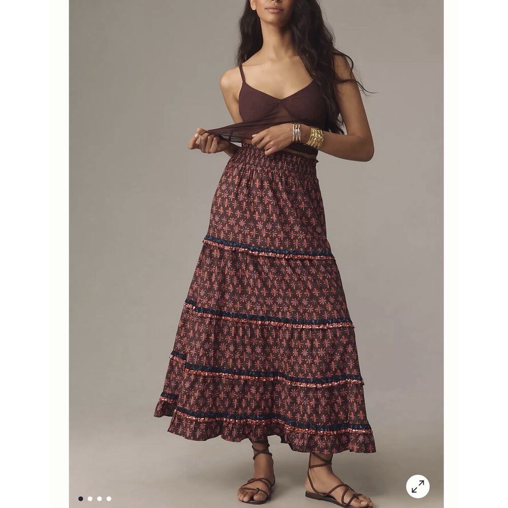 Anthropologie Skirt Genevieve Floral Tiered Maxi Skirt XL Maroon Boho New - Picture 2 of 9